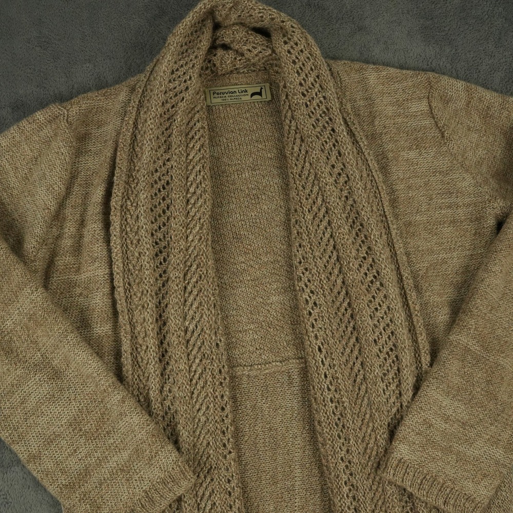 Peruvian Link Cardigan Womens L Tan 100% Alpaca Open Front Pointelle Lace Knit